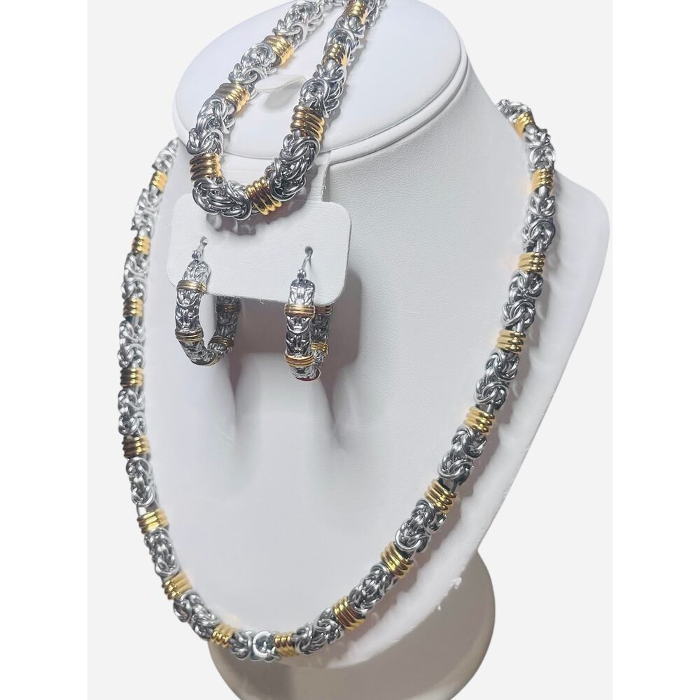 Set of 3 Two tone Byzantine Necklace, Bracelet, Hoop Earrings NIB
